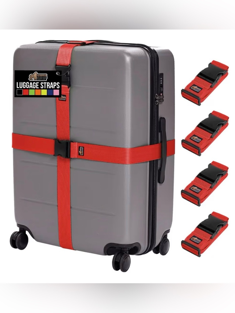 Gorilla Grip Red Luggage Straps with Quick-Release Buckles - Set of 4